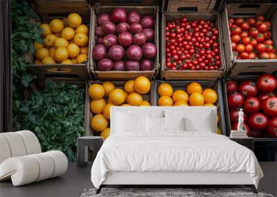 Fresh produce in wooden crates at a market. Wall mural