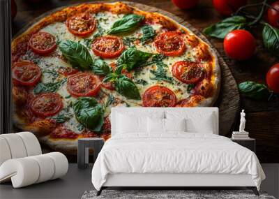 Freshly baked pizza with tomato and basil. Wall mural