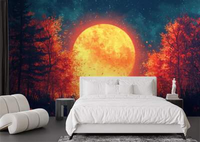 Full moon glowing over a forest at night. Wall mural