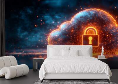 Glowing cloud with a padlock, representing data security. Wall mural