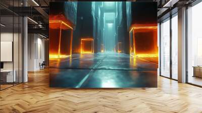 Glowing orange cubes line a futuristic corridor. Wall mural