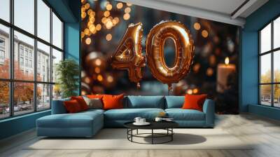 Gold foil balloon number, digit forty. Birthday greeting card with inscription 40th. Anniversary celebration event. Banner. Golden numeral, black background. Numerical digit, light bokeh, glitter Wall mural