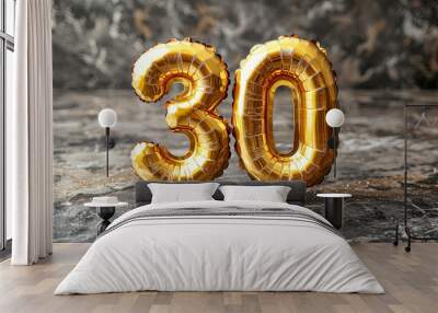 Gold foil balloon number, digit thirty. Birthday greeting card with inscription 30. Anniversary celebration event. Banner. Golden numeral, black background. Numerical digit, light bokeh, glitter. Wall mural