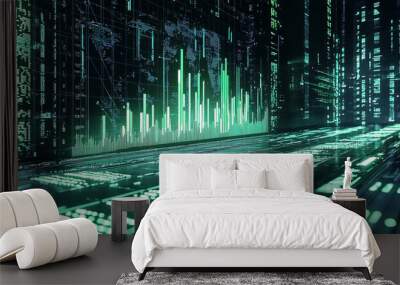 Green data lines and charts in a futuristic digital world. Wall mural