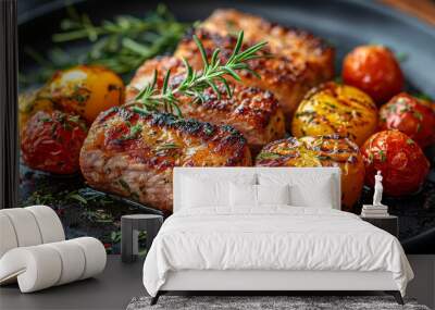 Grilled meat with roasted tomatoes and rosemary on a black plate. Wall mural