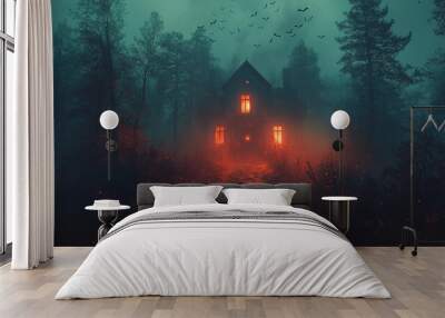 Halloween night with a spooky house and bats, Halloween background Wall mural