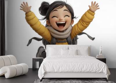 Happy smile laughing cartoon character young adult woman person portrait jumping with hands up in 3d style design on white background. Human people feelings expression concept Wall mural