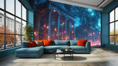 Holographic projection of a classical building in a futuristic digital space, with a vibrant blue and black background, embodying a concept of innovation Wall mural