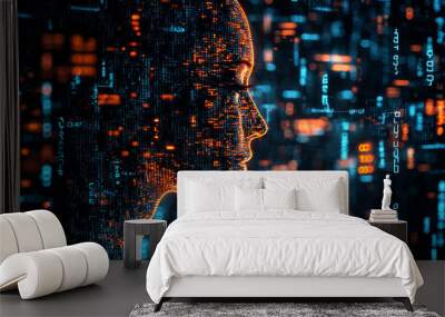 Human head silhouette with code data. 3D Rendering Wall mural