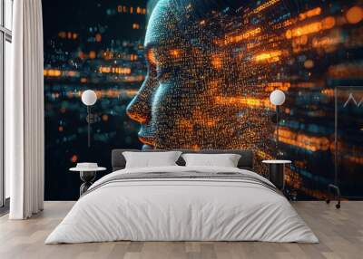 Human head silhouette with code data. 3D Rendering Wall mural