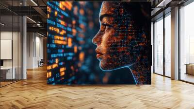 Human head silhouette with code data. 3D Rendering Wall mural