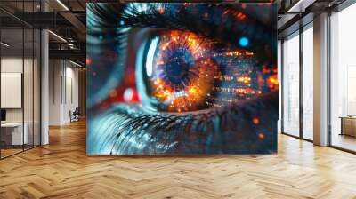 Illustration of digital eye neon style on dark blue background, computer vision and hightech technology concept. 3D Rendering  Wall mural