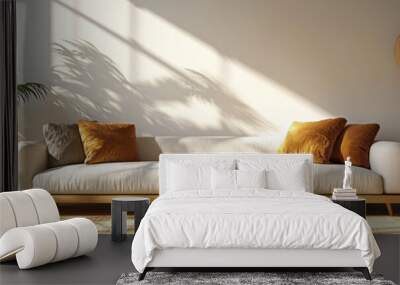 Minimalist living room with white couch and plants. Wall mural