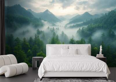 Misty morning in a lush green forest with rolling hills in the background. Wall mural