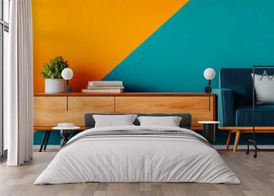 Modern living room with a teal and yellow wall. Wall mural