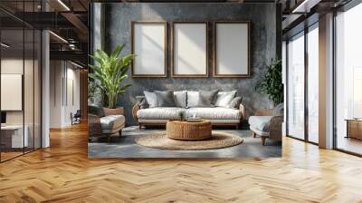 Modern living room with a white sofa, wicker chairs, and three framed posters. Wall mural