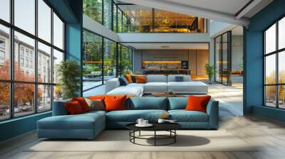 Modern living room with large windows showcasing a lush green view. The white sofa, orange pillows, and rug add a touch of warmth. Wall mural