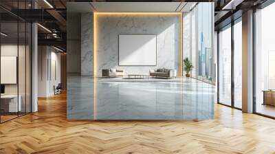 Modern office lobby with marble walls and a city view. Wall mural