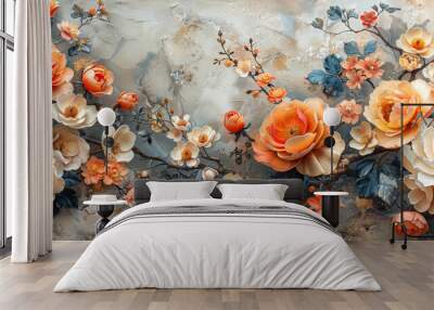 panel wall art, wall decoration, marble background with flowers designs Wall mural