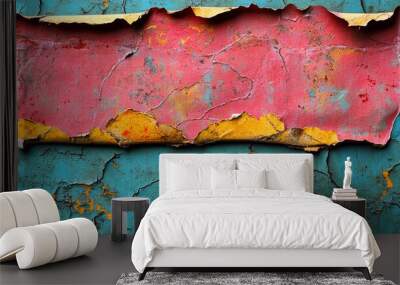 Peeling paint reveals layers of color on an old surface. Wall mural