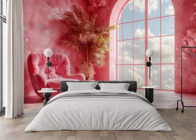 Pink armchair in a pink room with a window and palm tree. Wall mural