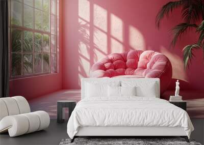 Pink velvet armchair in a pink room with a large window. Wall mural