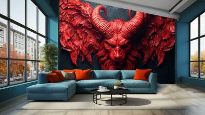 Red demon with wings on black background. Wall mural