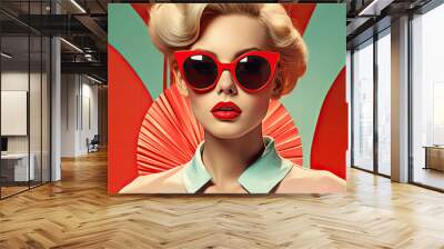 Retro style pastel colors summer background. Fashion woman wearing big sunglasses. Generative AI Wall mural