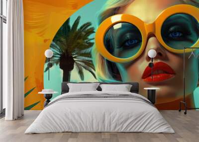 Retro style pastel colors summer background. Fashion woman wearing big sunglasses. Wall mural