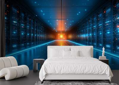 Rows of servers glow with blue and orange lights in a futuristic data center. Wall mural