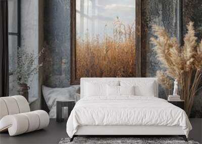 Rustic bench with pillows and pampas grass in front of a large framed print Wall mural