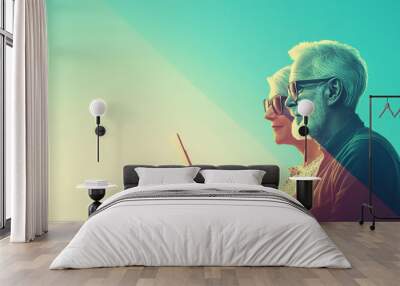 Senior couple in sunglasses looking at a laptop Wall mural