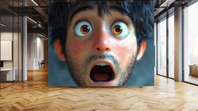 Shocked scared amazed cartoon character adult man male guy person portrait in 3d style design on light background. Human people feelings expression concept Wall mural