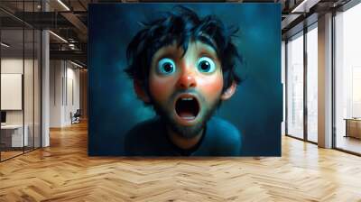 Shocked scared amazed cartoon character adult man male guy person portrait in 3d style design on light background. Human people feelings expression concept Wall mural