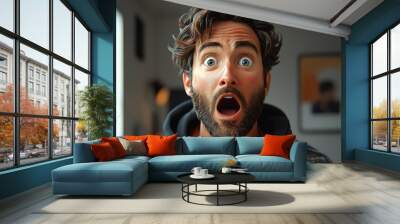 Shocked scared amazed cartoon character adult man male guy person portrait in 3d style design on light background. Human people feelings expression concept Wall mural