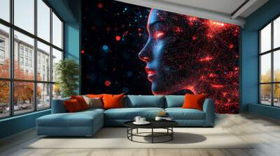 Side profile of a futuristic artificial intelligence computer head with glowing lines and data Wall mural