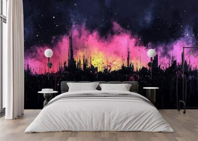 Silhouette of a city skyline with a vibrant pink and purple watercolor sky. Wall mural