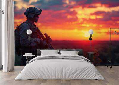 Silhouette of a soldier with a rifle at sunset. Wall mural