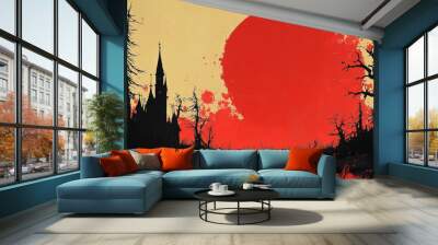 Silhouetted castle against a crimson sky. Wall mural