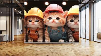 Six adorable kittens dressed in construction worker outfits. Wall mural