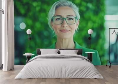 Smiling businesswoman in green blazer uses tablet. Wall mural