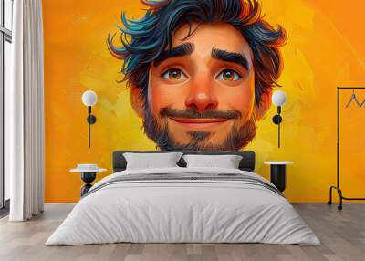 Smiling friendly cartoon character adult man male person portrait wearing blue shirt in 3d style design on light background. Human people feelings expression concept Wall mural