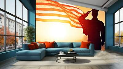 Soldier and USA flag on sunrise background, concept National holidays , Flag Day, Veterans Day, Memorial Day, Independence Day, Patriot Day. Wall mural