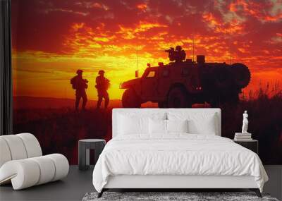 Soldiers stand silhouetted against a fiery sunset. Wall mural