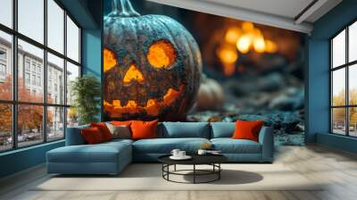 Spooky jack-o'-lantern with a glowing smile. Wall mural