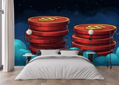 Stacks of gold coins in the clouds. Wall mural