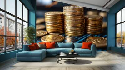 Stacks of gold coins on a blue and black background. Wall mural