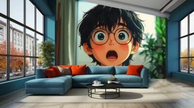 Surprised shocked scared tree cartoon characters boy kid child teen young man person with funny haircut portrait in 3d style design on light background. Human people feelings expression concept Wall mural