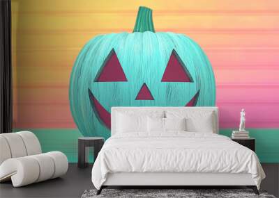 Teal Jack-o'-lantern with a pink face on a colorful wooden background. Wall mural