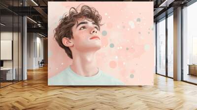 Thinking questioning dreaming planning cartoon character young adult man teen person portrait in 3d style design on white background. Human people feelings expression concept Wall mural